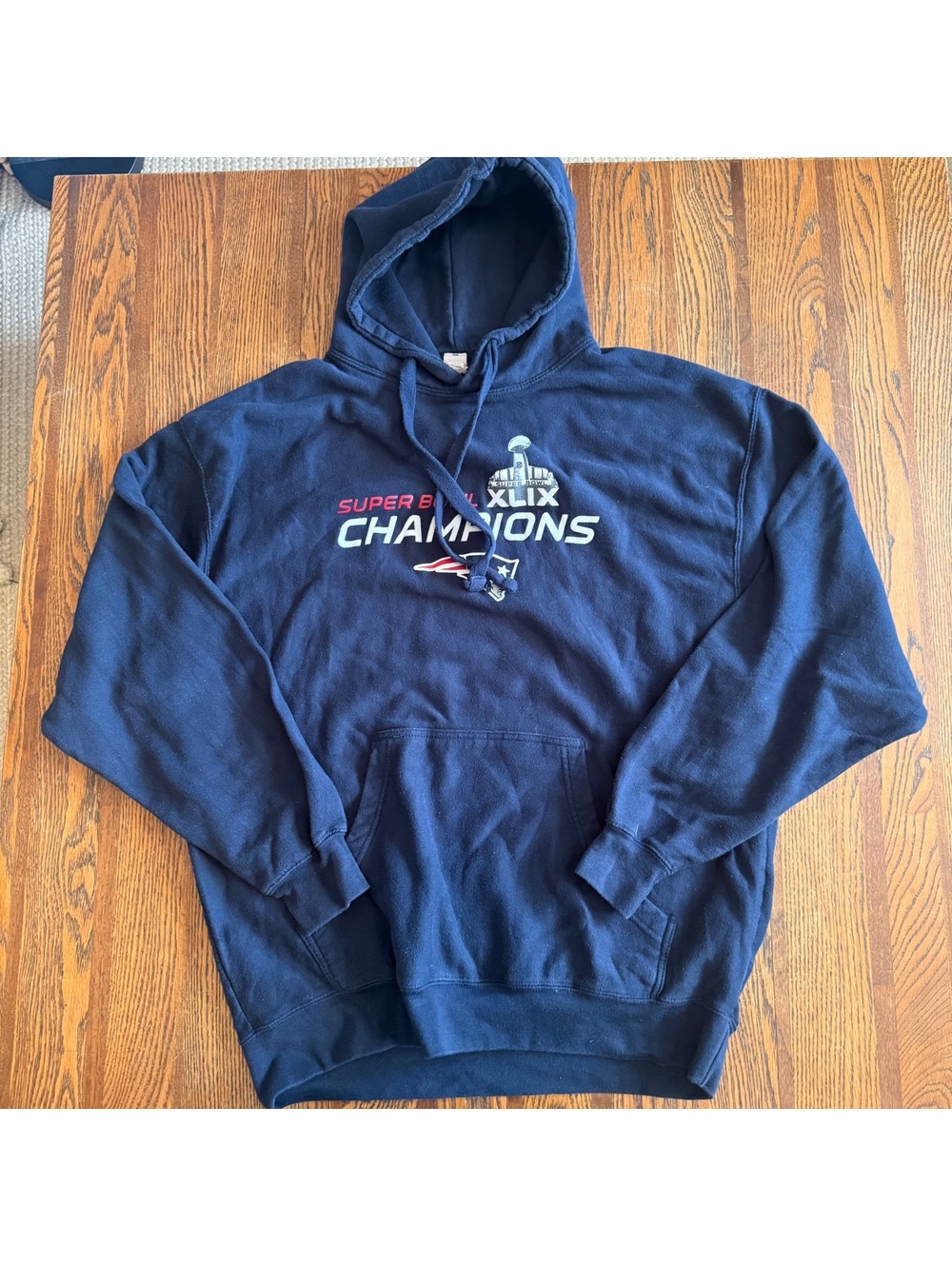VTG 2014 New England Patriots Super Bowl XLIX Champions Hoodie Navy Blue XL